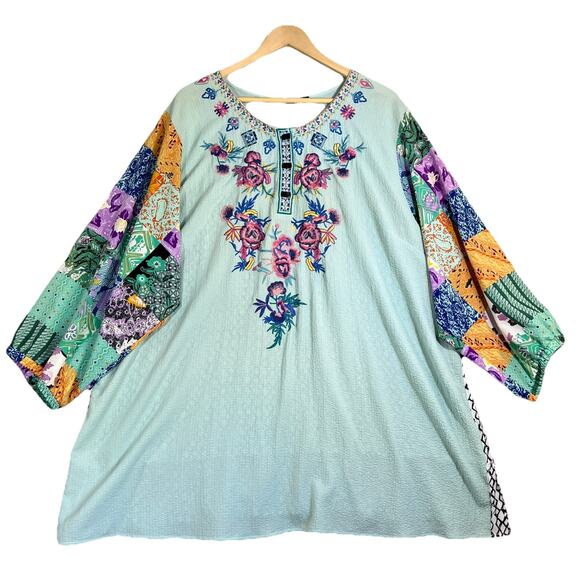 Calessa Tunic Top 3X Green Embroidered 3/4 Sleeve Mixed Media Flowy Patchwork - Picture 1 of 11